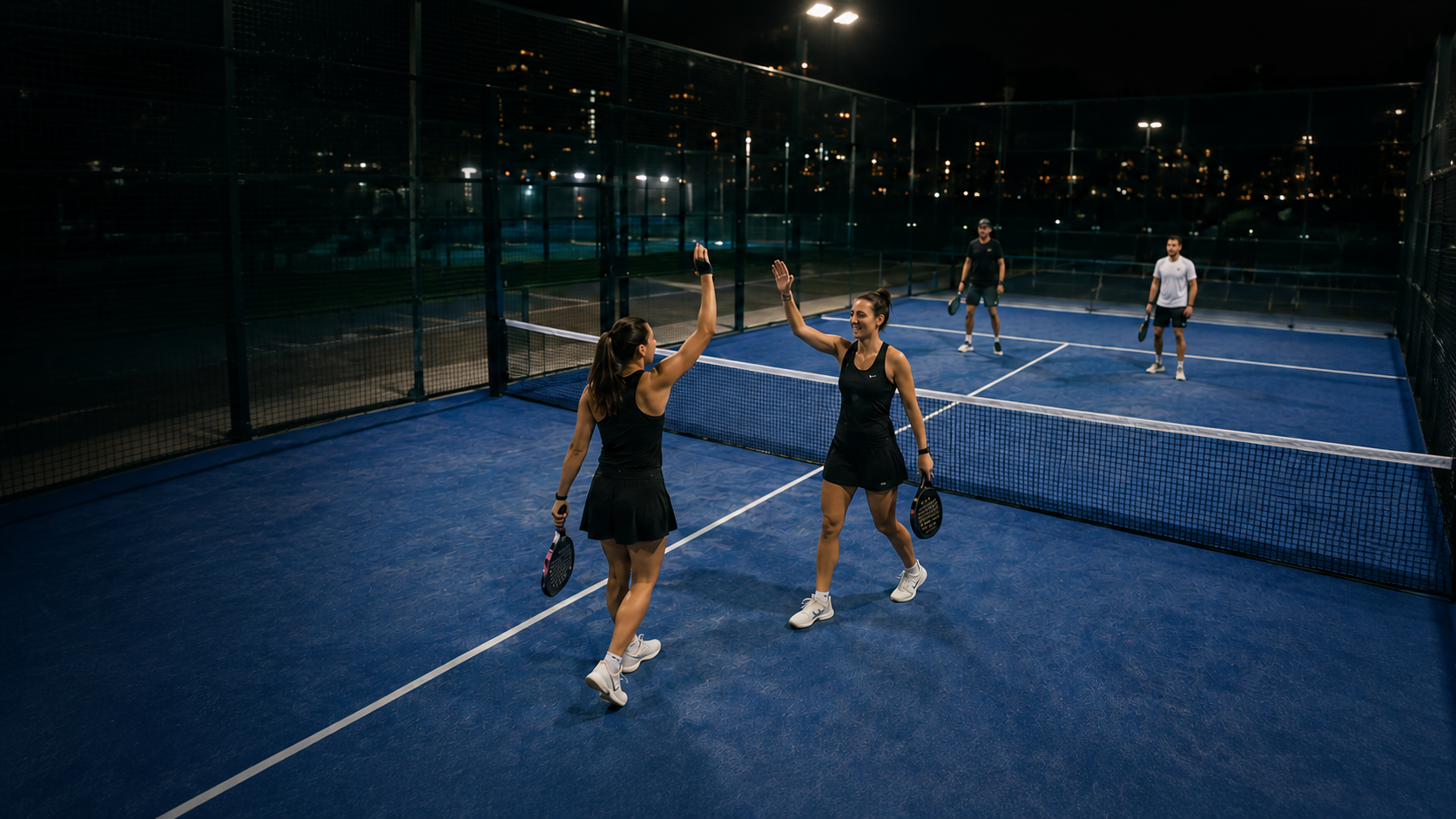 Four padel players on a blue court at night, with two players celebrating in the foreground
