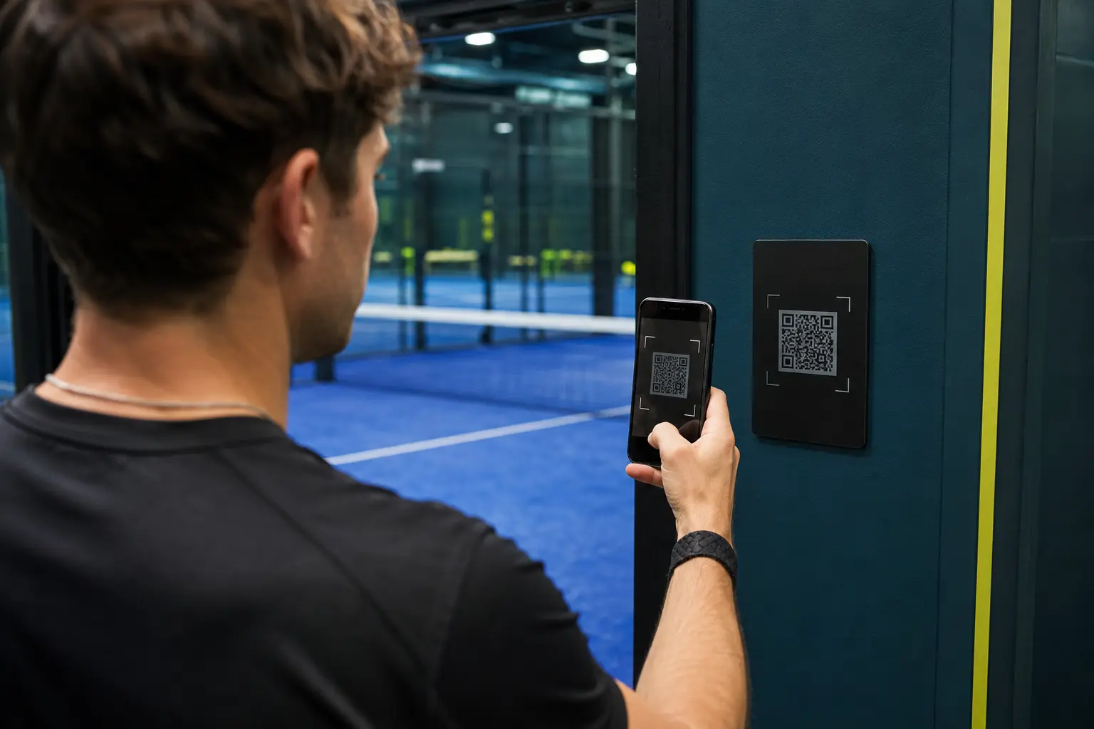 A player scanning a Replay code beside a padel court